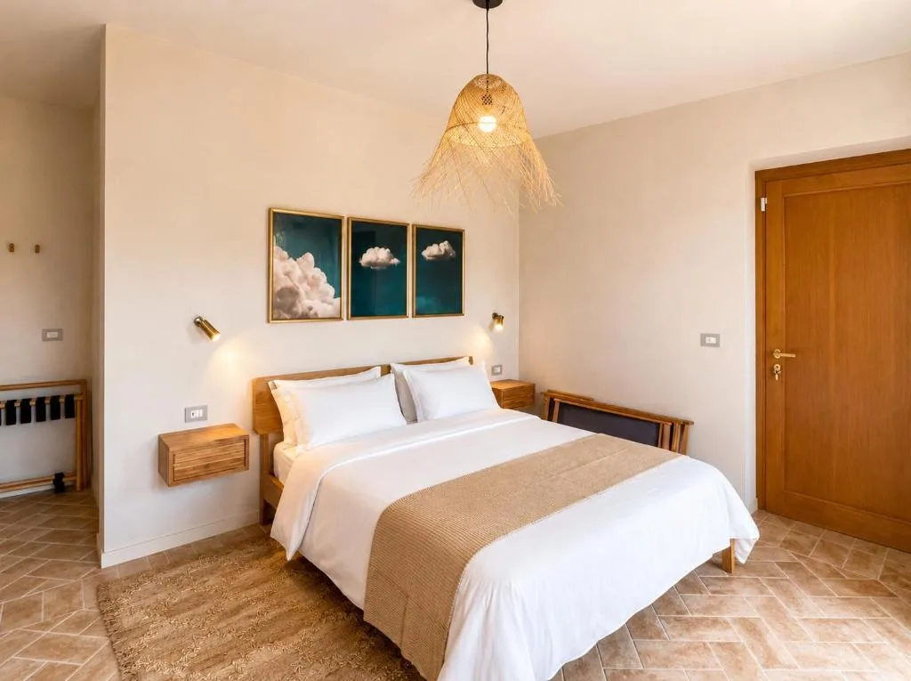Camera 1 — il letto e le tre nuvole in cornice dorata