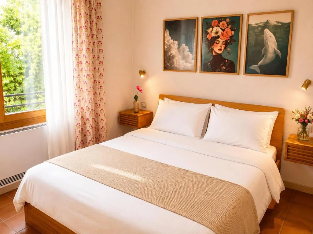 Camera 2 — il letto e le opere, con le tende a fiori