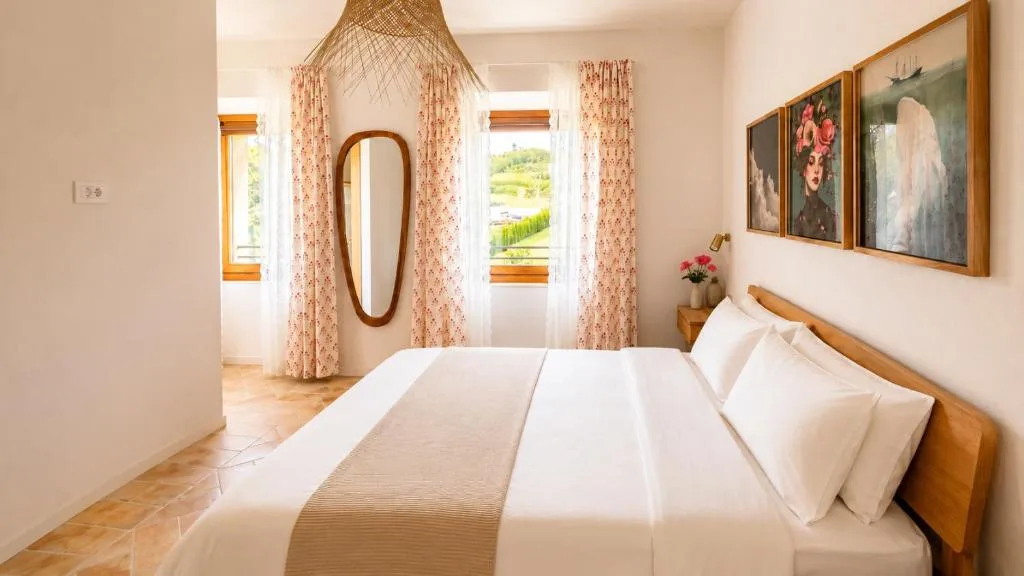 Camera 2 — lo specchio a goccia e le tende a fiori