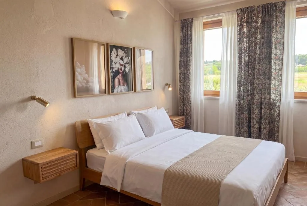 Camera 5 — il letto e la finestra sulle colline
