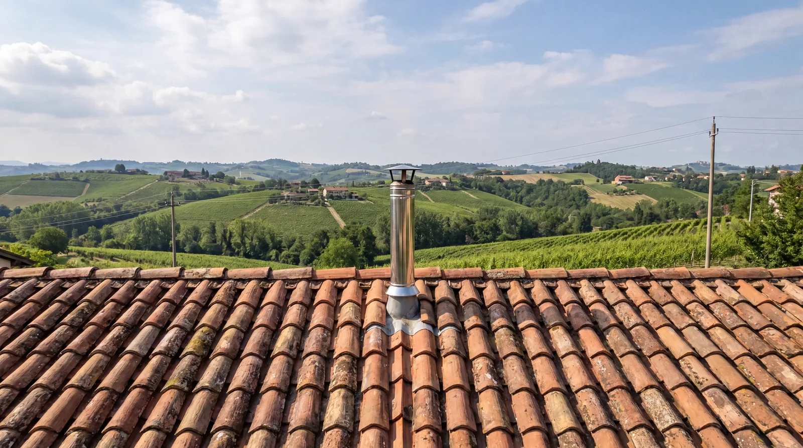 La vista sulle colline oltre i coppi del tetto